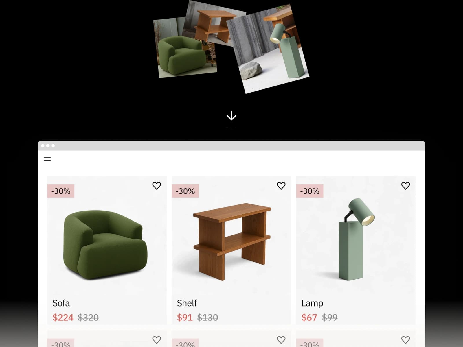 PhotoRoom output sample showing the transformation of raw product photos into clean, discounted e-commerce listings with a modern interface.