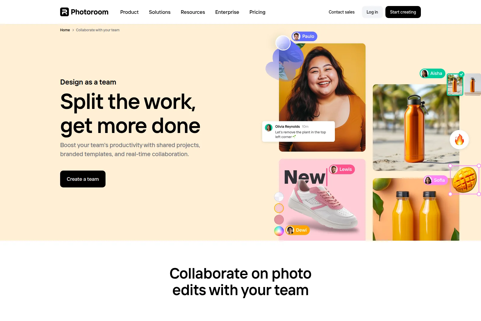 Photoroom teams page showing real-time collaborative photo editing with user avatars, comments, and image selections on a light background.