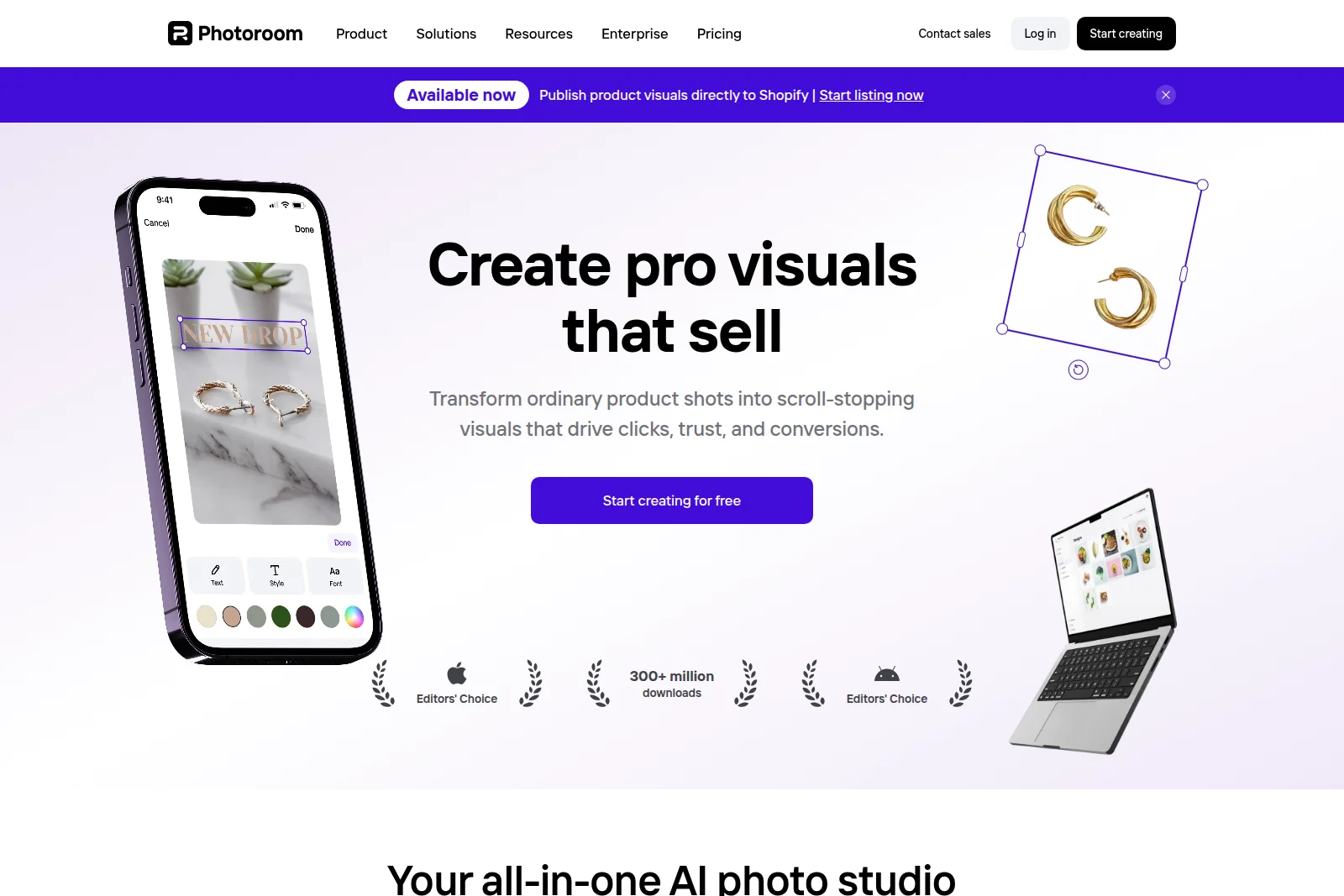 Photoroom homepage hero section showcasing the mobile app interface editing product photography of jewelry with a modern clean aesthetic.