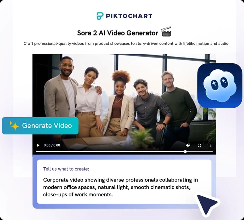 Piktochart Sora 2 AI Video Generator showing diverse professionals in a generated corporate video with a text prompt interface.