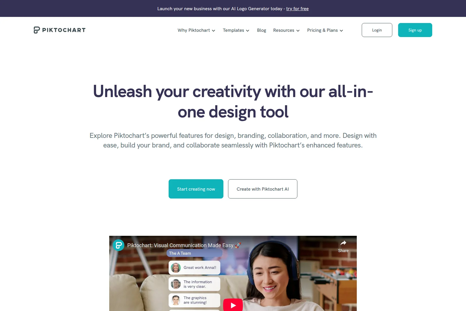 Piktochart homepage hero section promoting an all-in-one design tool, featuring a video demonstrating visual communication.