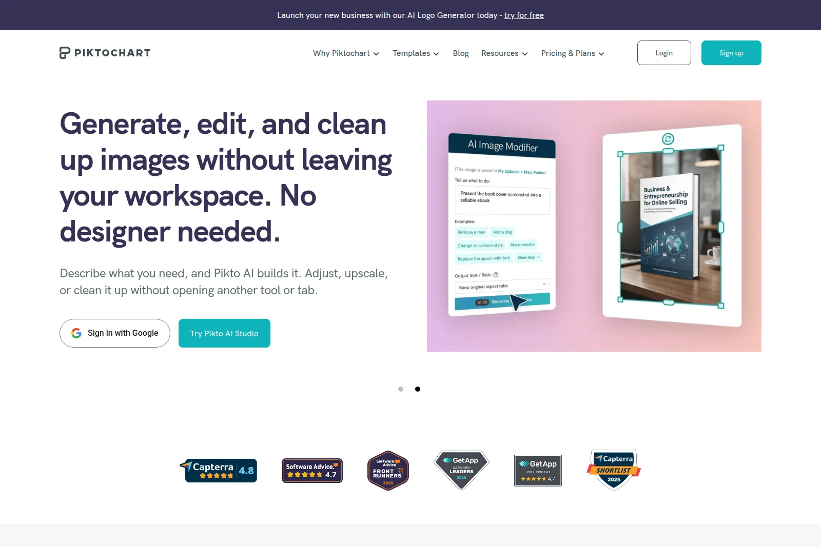 Piktochart AI Image Modifier UI transforming a book cover into a professional digital mockup on a clean interface.