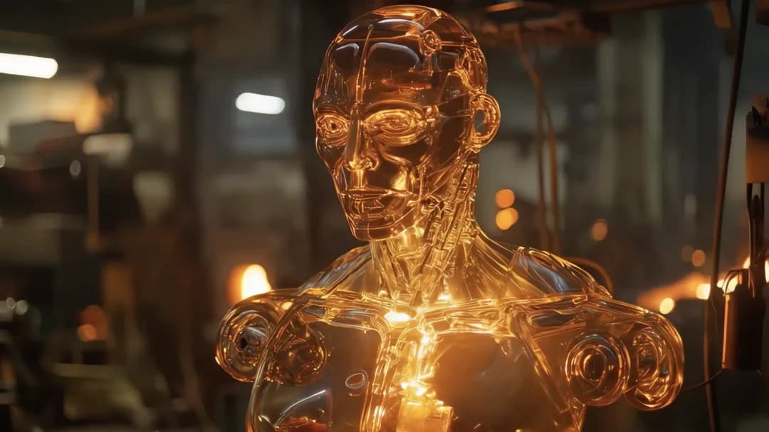 PixVerse output sample showing a golden transparent humanoid robot bust with intricate internal mechanisms and a glowing core in a warm, industrial setting.