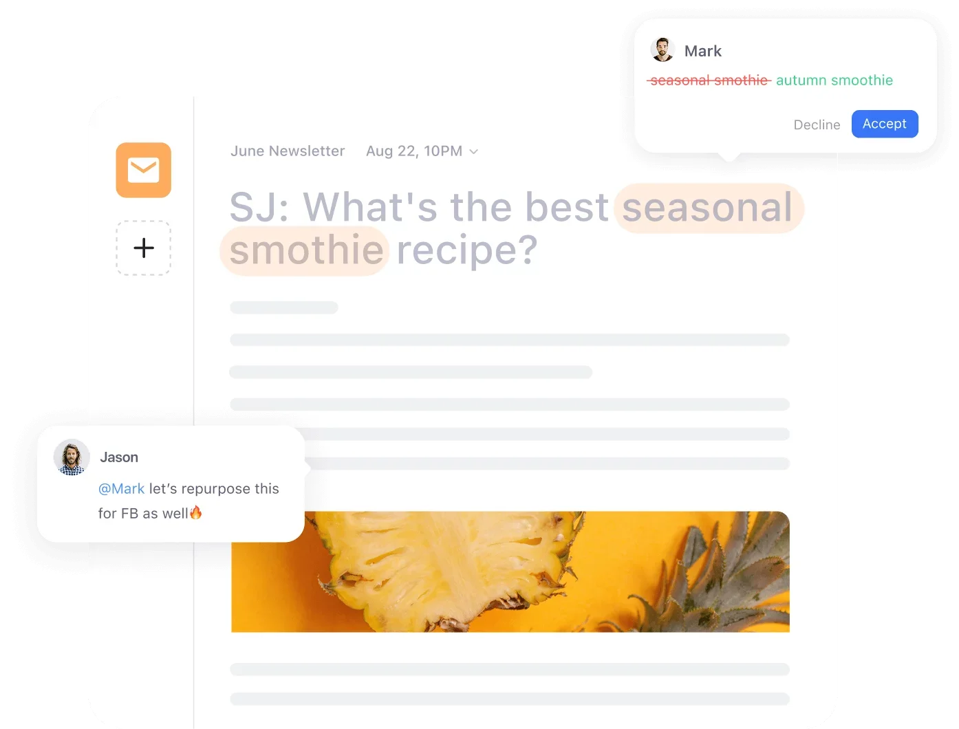 Planable workspace showing collaborative content editing with AI suggestions for a newsletter and team comments.