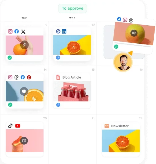 Planable content calendar workspace showing planned social media posts and articles with a clean, modern grid interface.