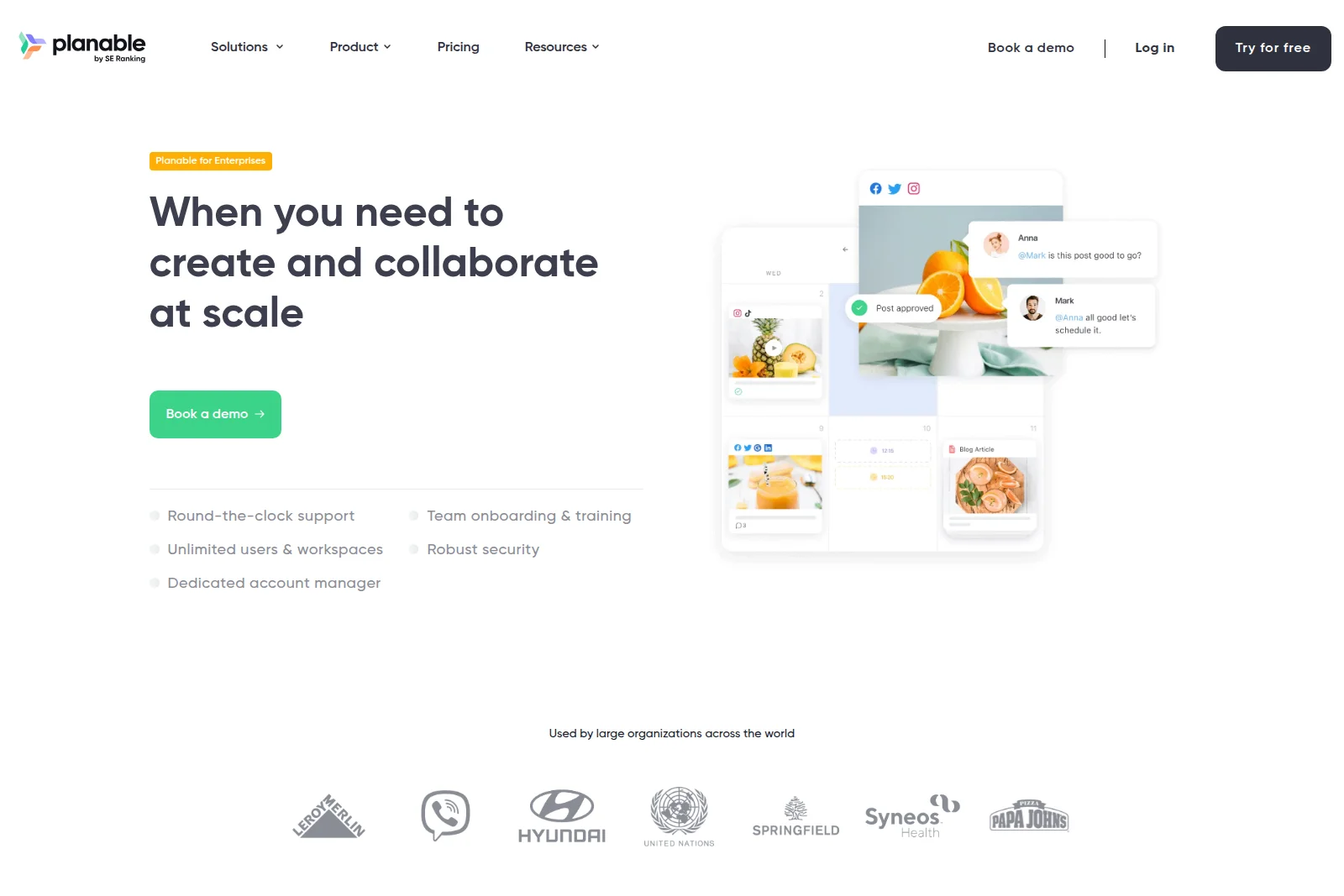 Planable enterprise page showing social media content planning and collaboration with a clean, modern interface