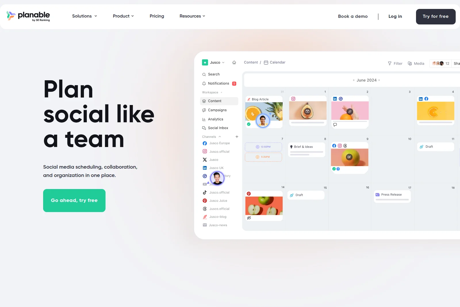 Planable social media calendar workspace showing scheduled content for June 2024 across various social channels in a clean interface.