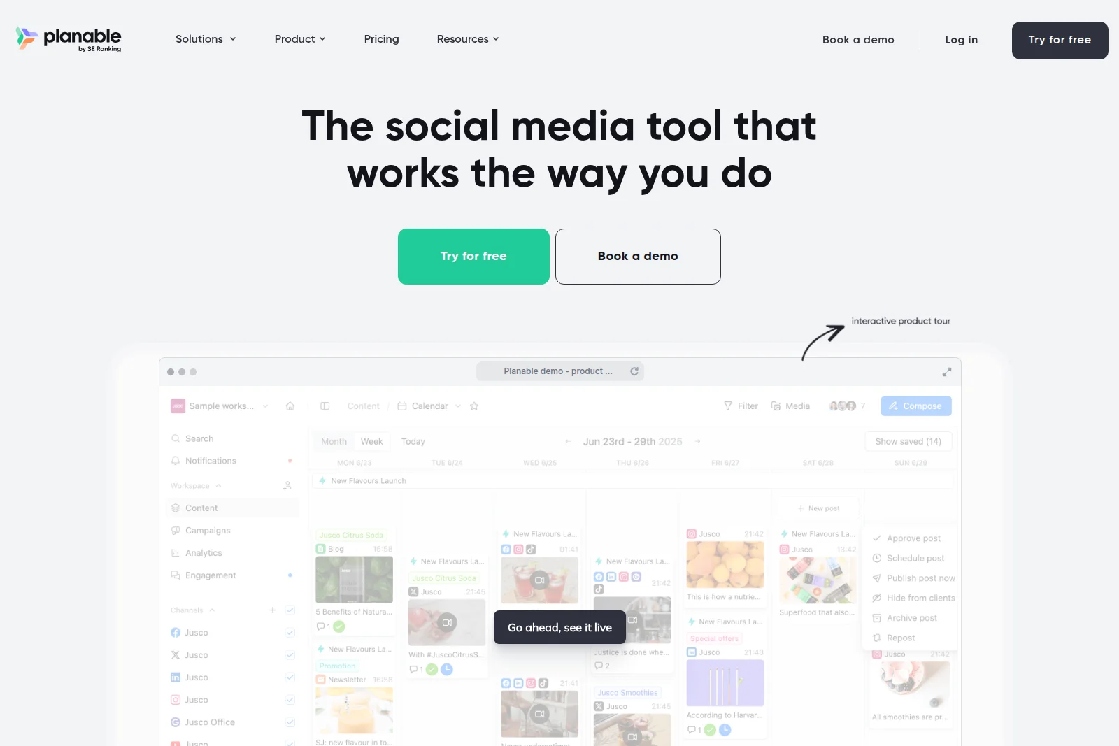 Planable social media calendar showing scheduled posts and content drafts with a clean, modern interface.