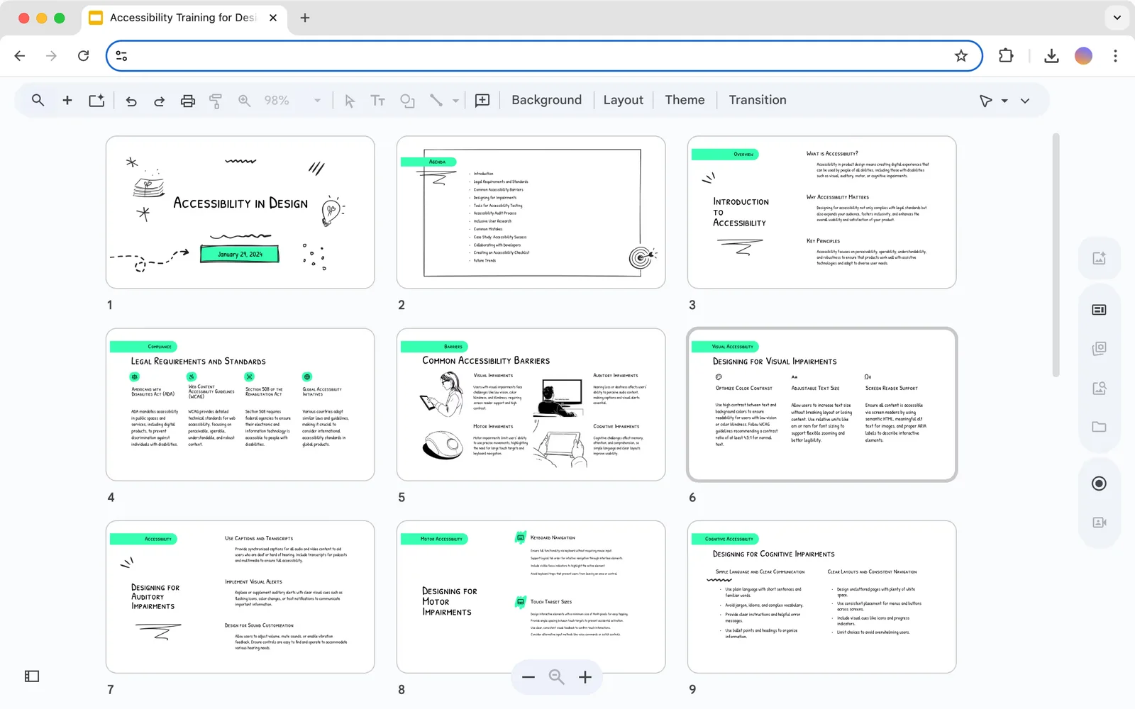 Plus-AI presentation gallery view showing nine accessibility training slides with a hand-drawn sketch aesthetic