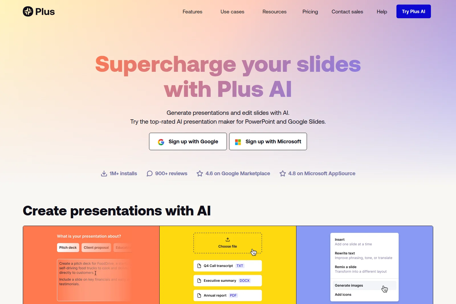 Plus AI presentation workspace showing AI-powered slide generation from text prompts and file uploads, with options to generate images and rewrite text.