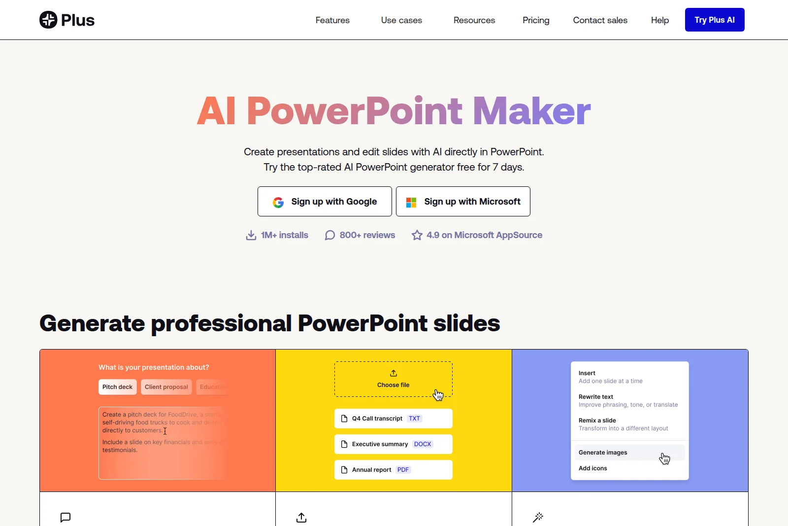 Plus AI workspace showing interactive input panels for generating PowerPoint slides with text prompts and file uploads, alongside AI editing features.