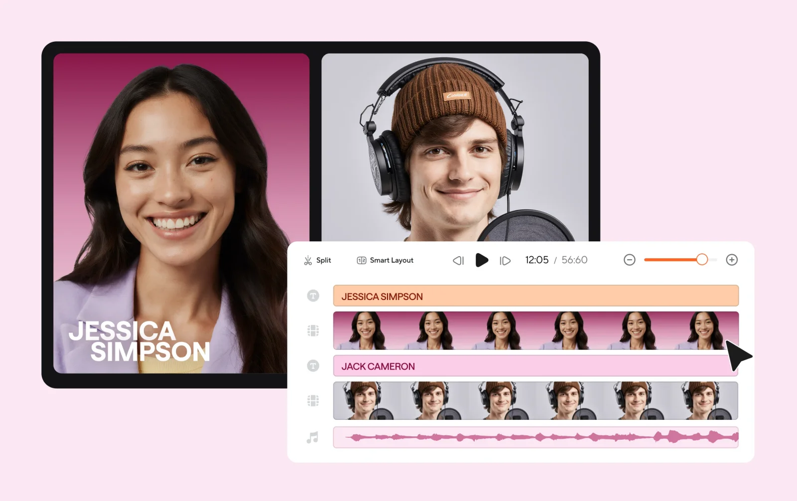 Podcastle video editor showing a split-screen preview of two speakers and a multi-track timeline with waveform audio.