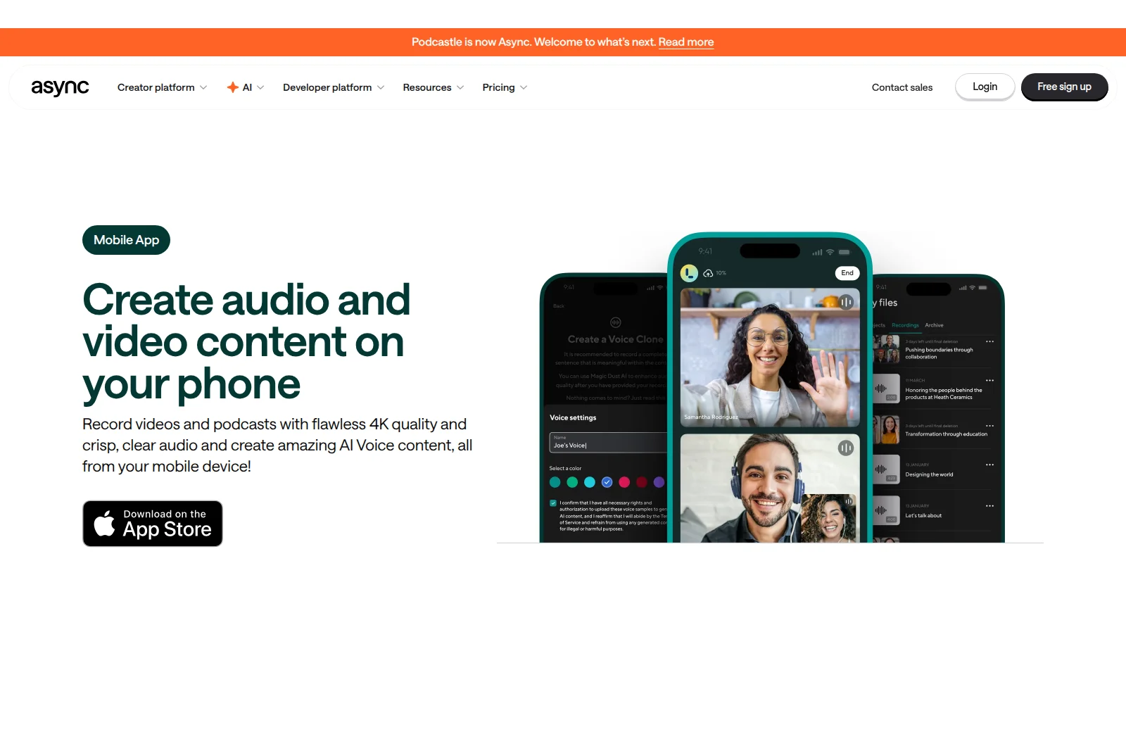 Async iOS app showing mobile content creation with live video calls, voice cloning settings, and recording management in a modern dark-mode interface.