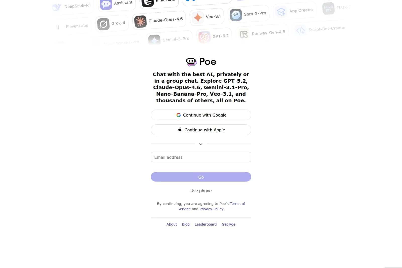 Poe onboarding flow showing sign-up options to access AI models like GPT-5.2 and Claude-Opus-4.6 with a clean white interface.