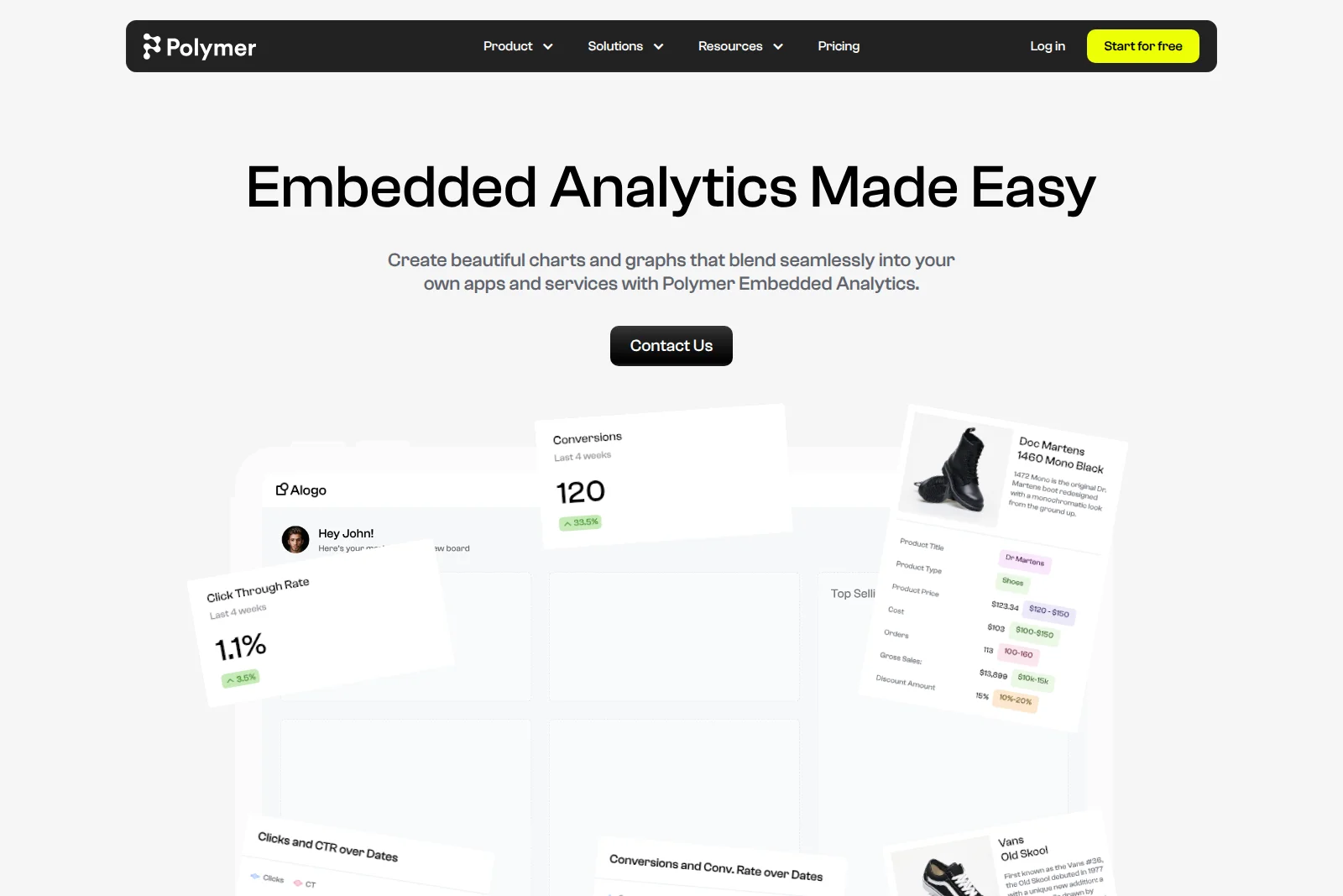 Polymer Embedded Analytics page showing various data dashboards and product insights in a modern floating card interface.