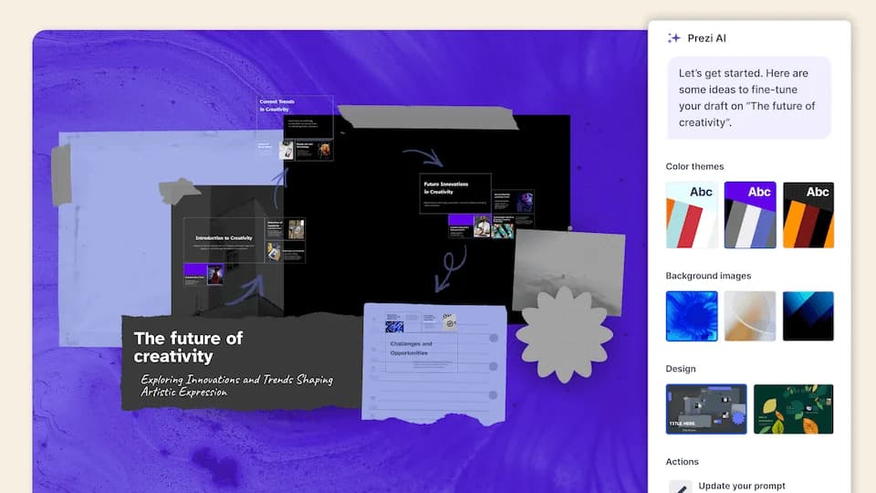 Prezi AI workspace showing dynamic presentation creation with AI suggestions and design controls in a modern dark-purple interface.