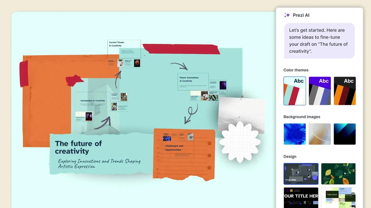 Prezi AI workspace showing a presentation being drafted with AI design suggestions in a light theme interface.