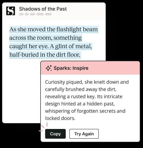 ProwritingAid AI writing workspace showing 'Sparks: Inspire' generating creative text suggestions for a story in a clean interface.
