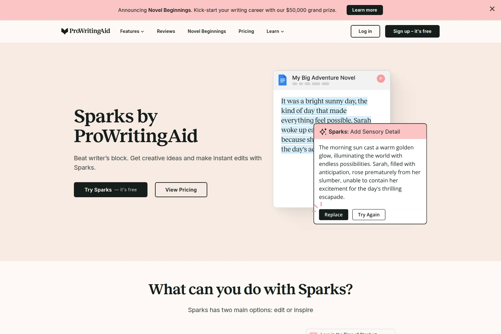 ProWritingAid workspace showing the AI-powered 'Sparks' feature suggesting sensory details for text, with a clean and interactive interface.