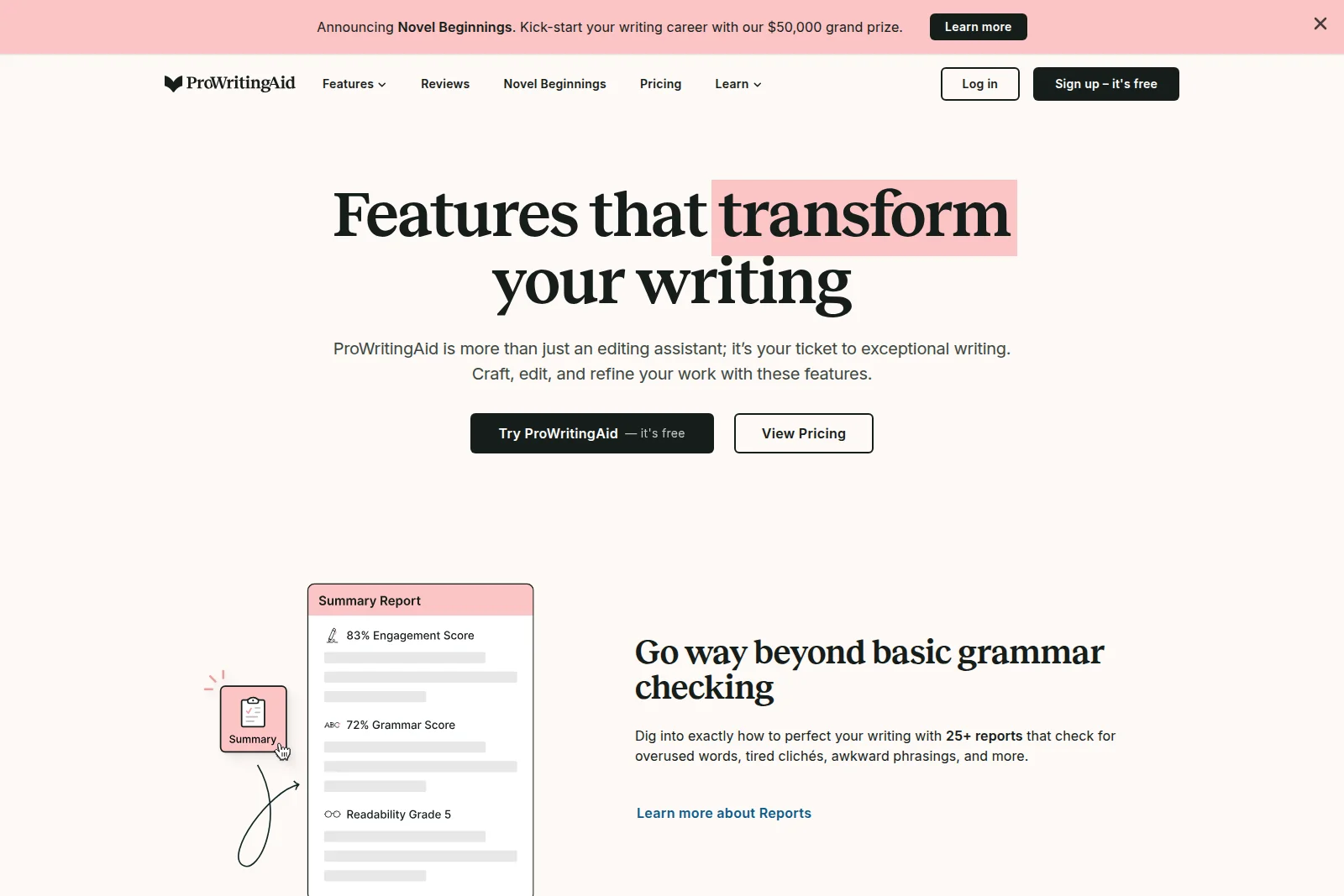 ProWritingAid features page showcasing an interactive Summary Report demonstrating engagement, grammar, and readability scores.