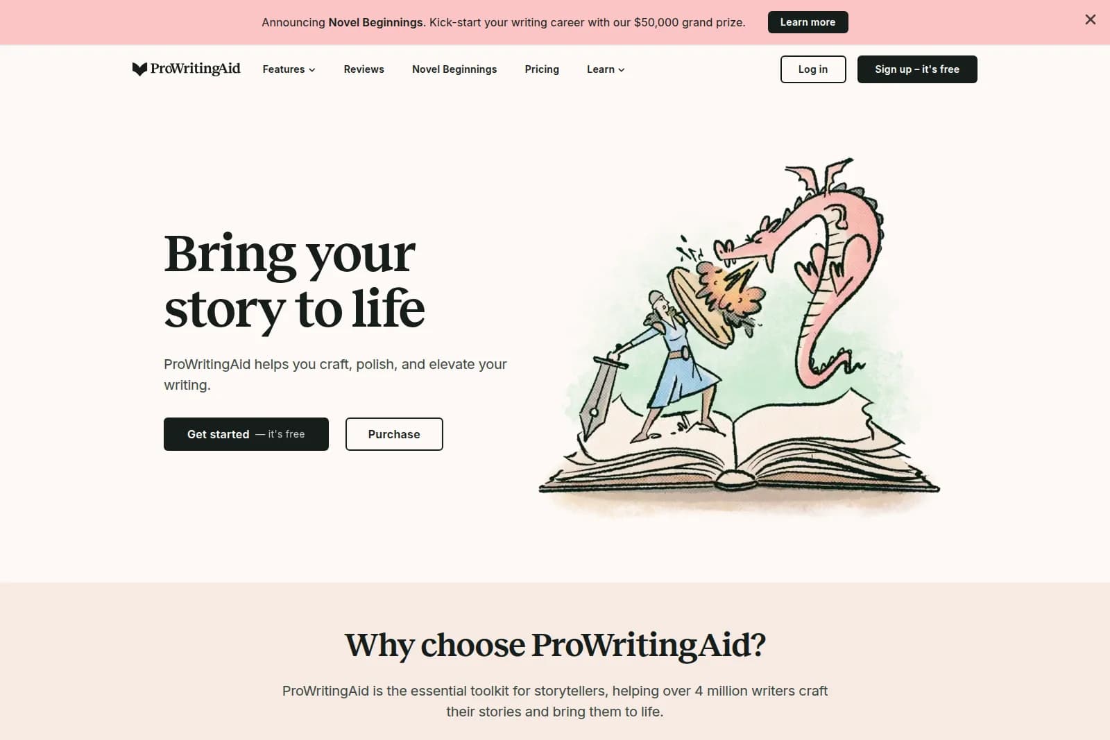 ProWritingAid landing page hero featuring an illustration of a writer battling a dragon over an open book, symbolizing creative challenges.