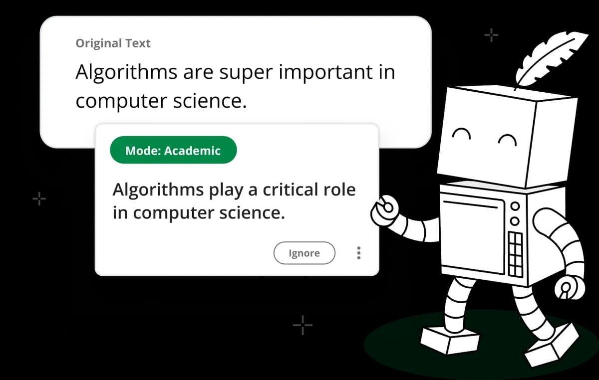 QuillBot feature deep-dive showing text paraphrasing for academic mode with a clean UI and a charming robot mascot.