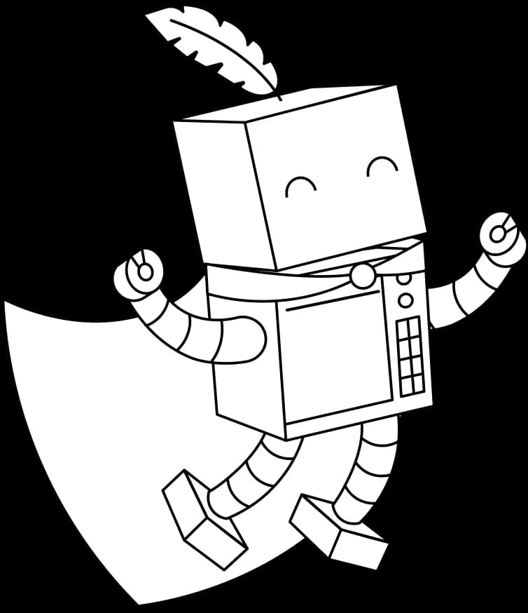 QuillBot brand mascot illustration featuring a cheerful robot with a feather quill and cape in a dynamic pose, rendered in clean line art.