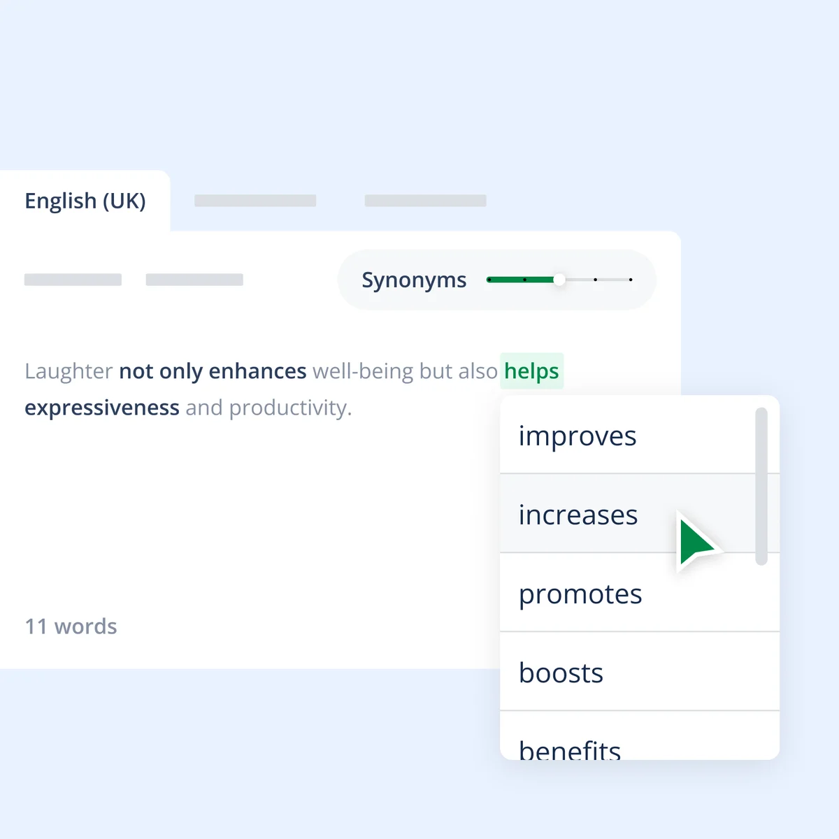 QuillBot workspace UI showing synonym suggestions for 'helps' with a clean light-mode interface and an active cursor.