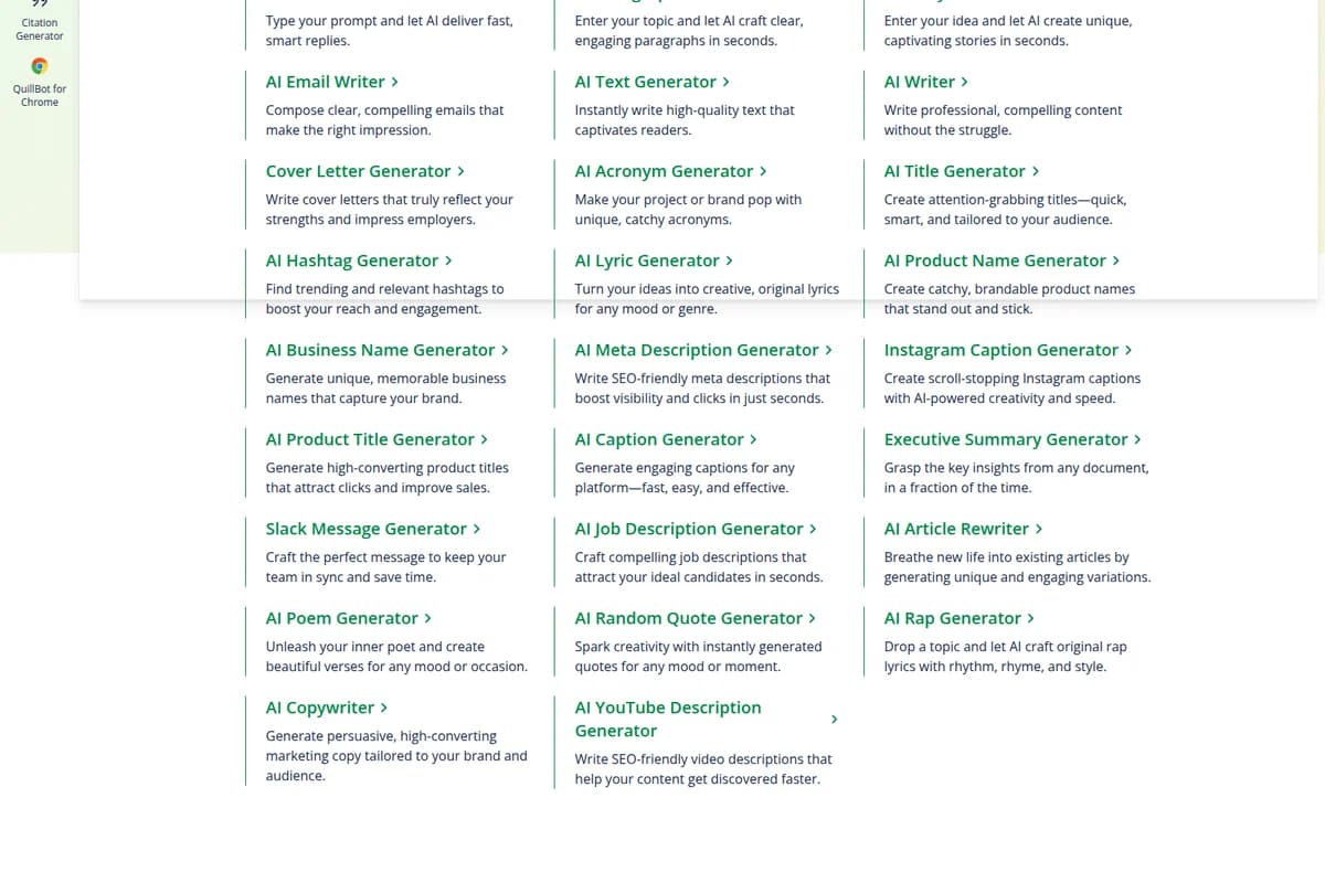QuillBot AI Writing Tools page showing a comprehensive list of content generators with a clean, organized web interface.