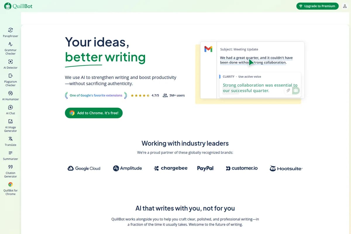 QuillBot homepage showcasing an AI writing assistant rephrasing an email for clarity with a clean interface.