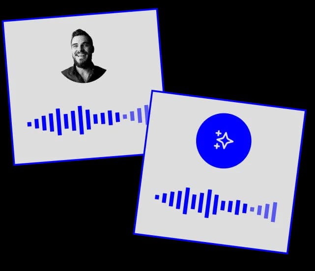 Rask AI audio track cards illustrating an original speaker's voice alongside an AI-enhanced or dubbed version, both with active soundwave displays in a modern graphical interface.