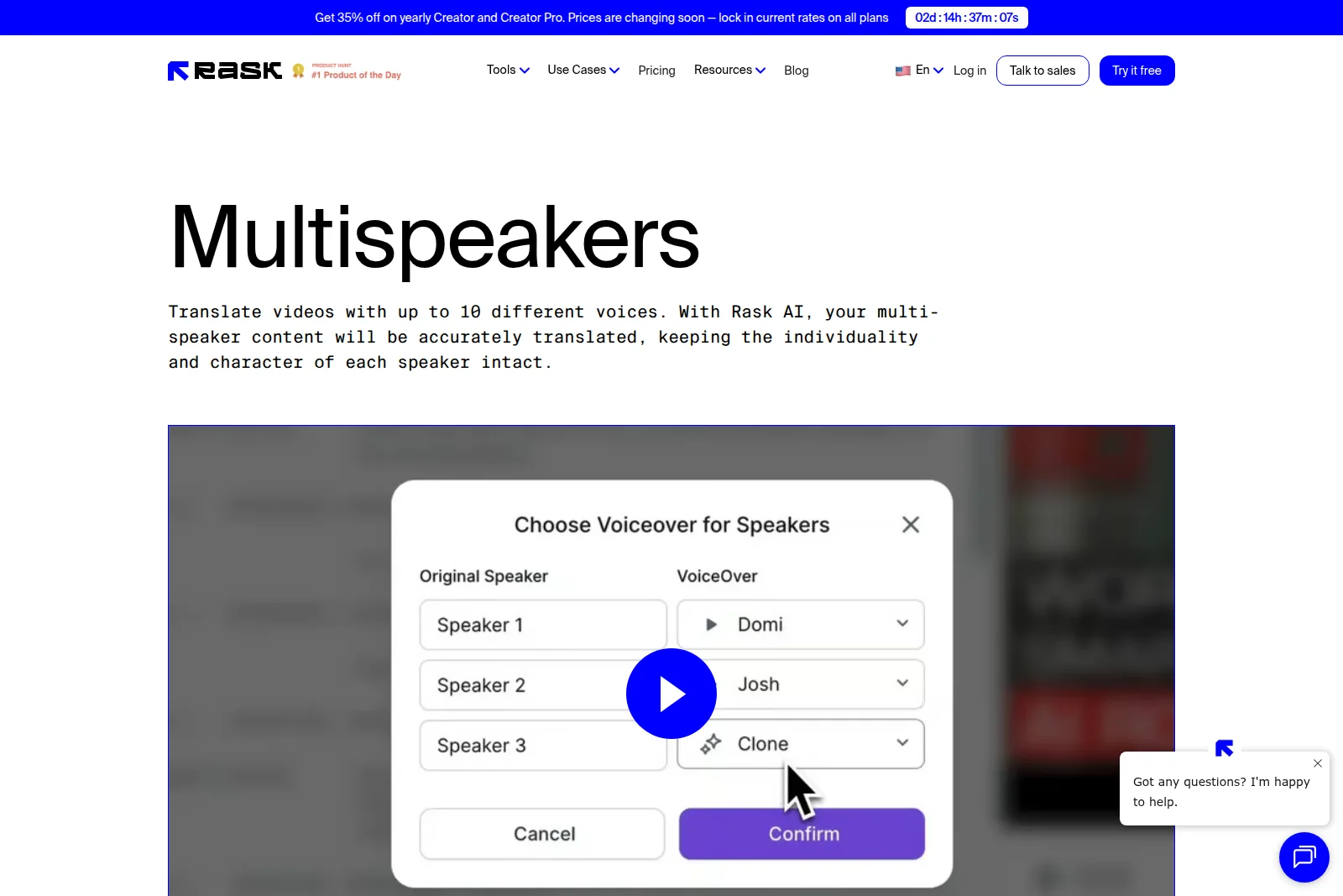 Rask AI multi-speaker voiceover interface showing user assigning AI voices like Domi, Josh, or cloning for different speakers.