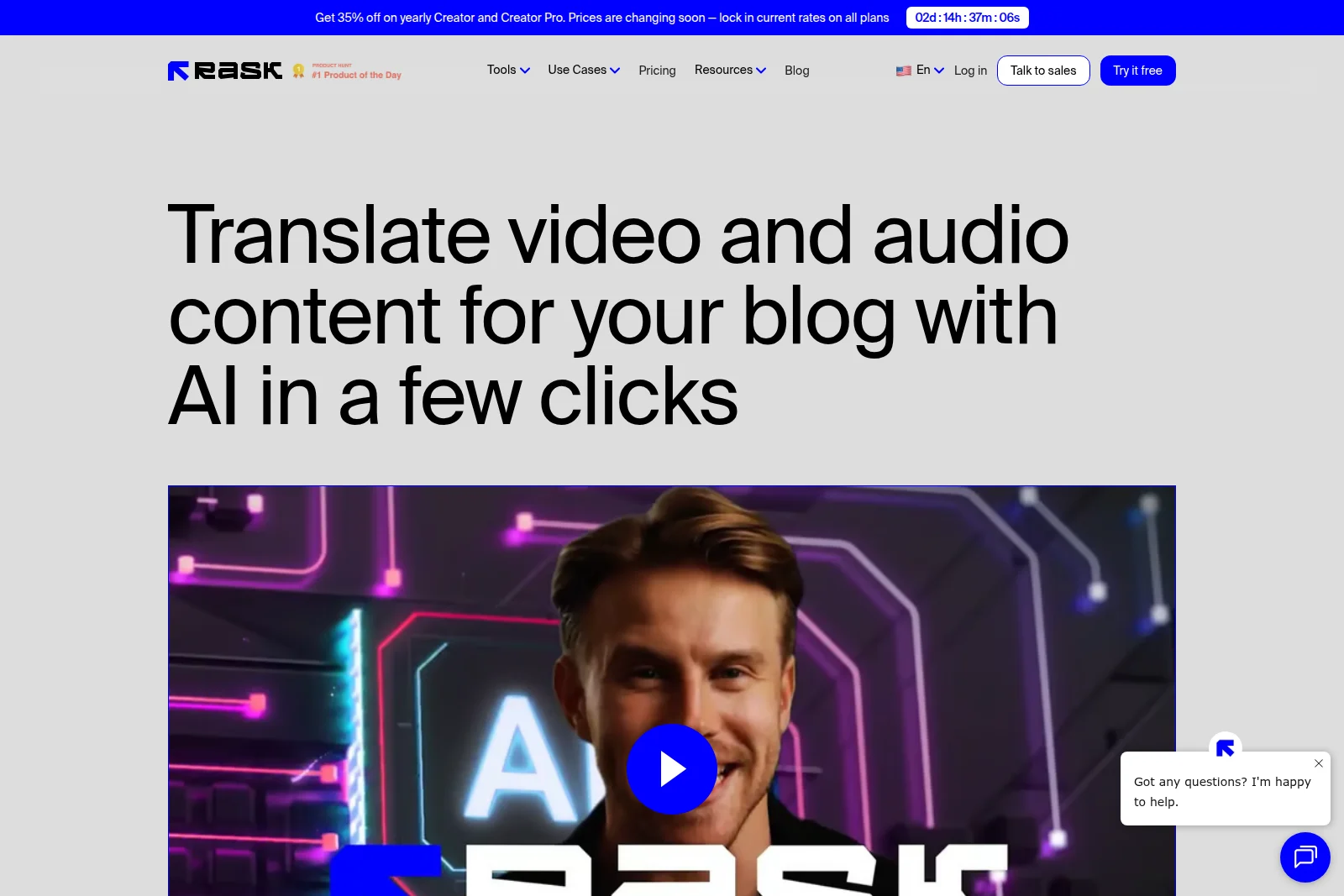 Rask AI landing page hero introducing AI-powered video and audio translation with a clean and modern interface.