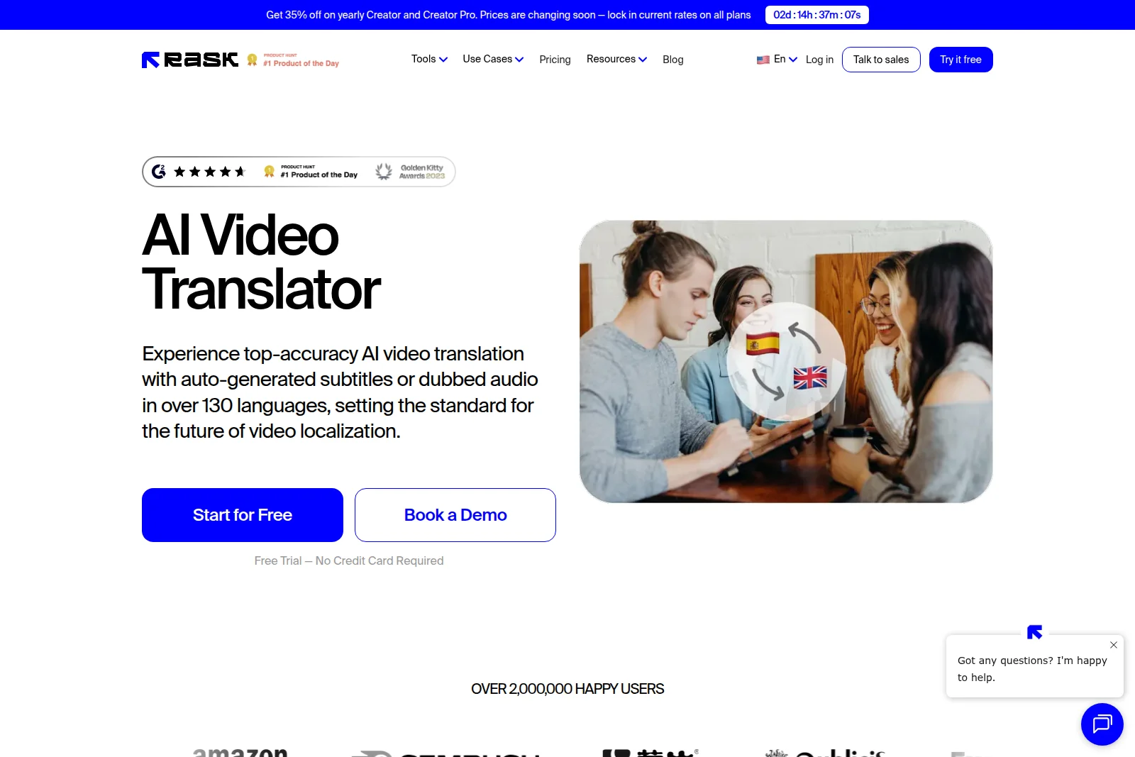 Rask AI landing page hero section showing AI video translator capabilities with people and a language translation icon.