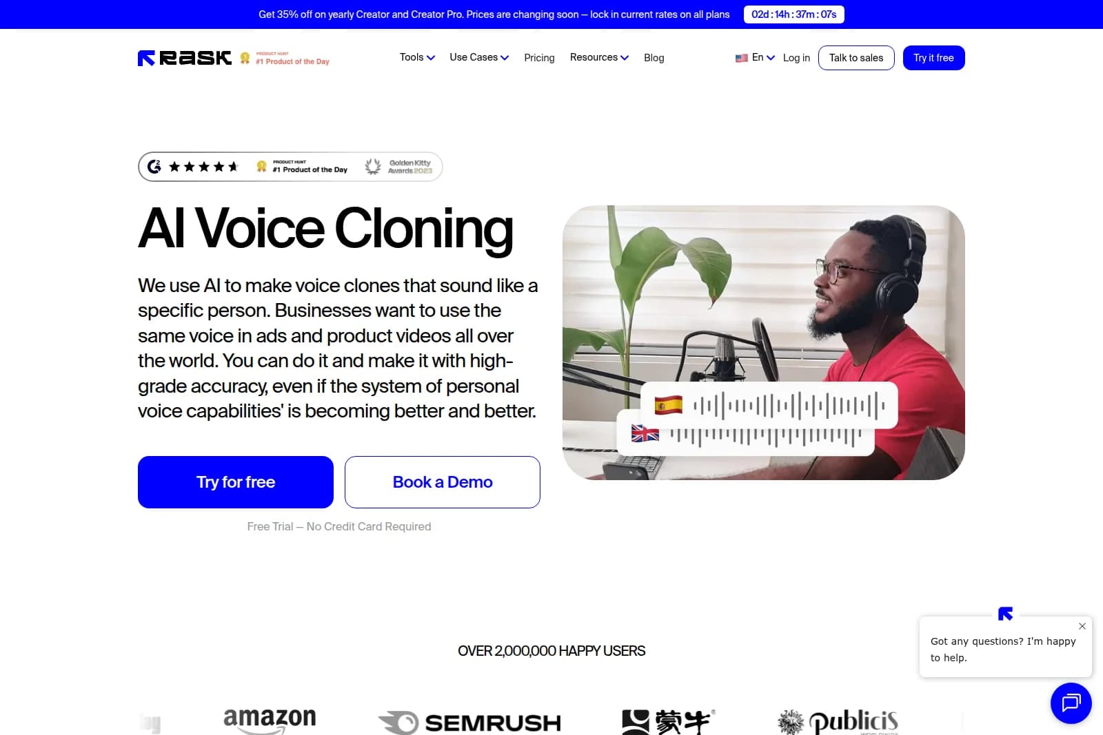 Rask AI Voice Cloning feature page showing a person recording audio with sound wave visualizations for Spanish and English output in a clean modern interface.