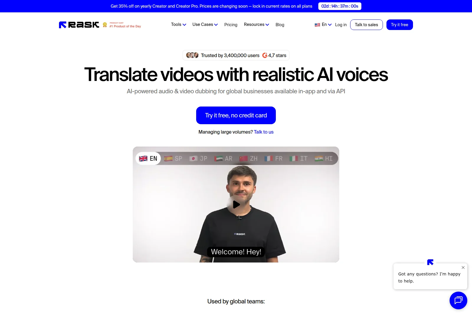 Rask AI landing page hero showing a video translation demonstration with a clean, light interface.