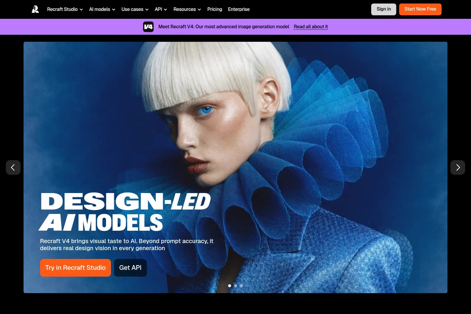 Recraft homepage hero showcasing design-led AI image generation with a striking high-fashion portrait and a blue aesthetic.