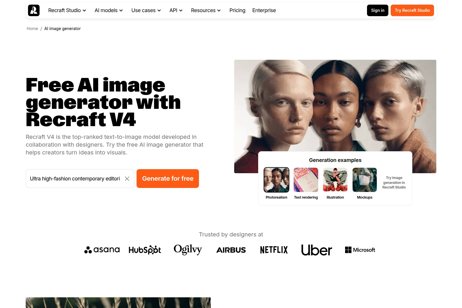 Recraft AI image generator page showcasing diverse photorealistic and artistic AI-generated images with a modern UI.