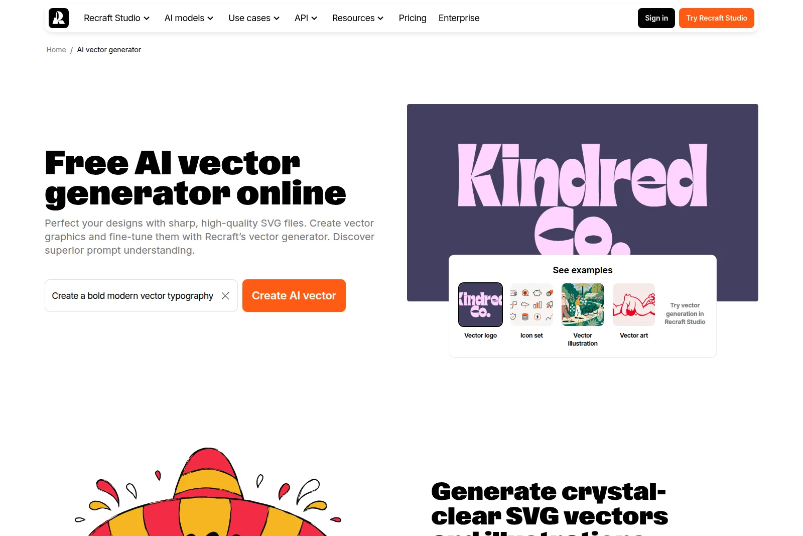 Recraft AI vector generator showing prompt input and diverse vector output examples with a clean modern interface.