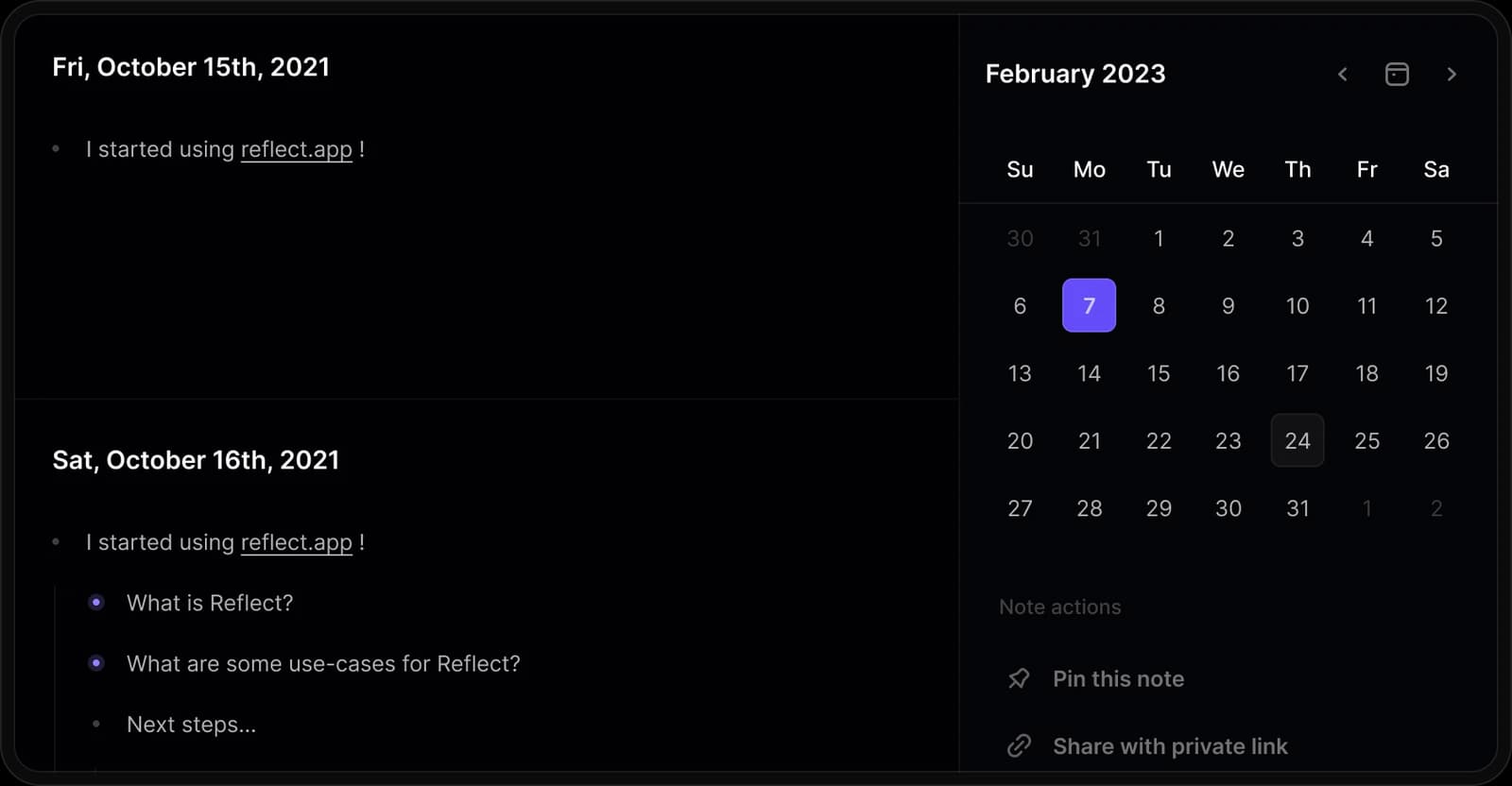 Reflect daily notes workspace showing current notes and a calendar navigation with a clean light-mode interface.