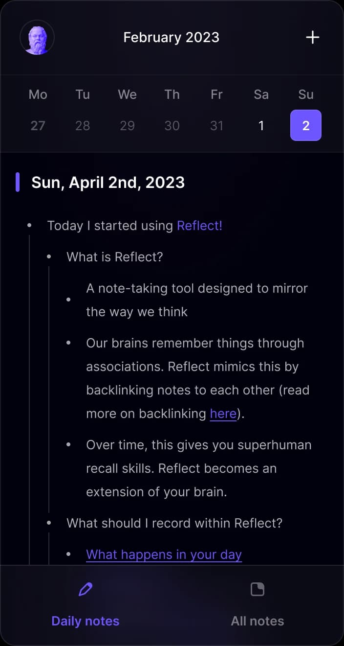 Reflect daily notes workspace showing an explanation of its backlinking features in a dark-mode interface.