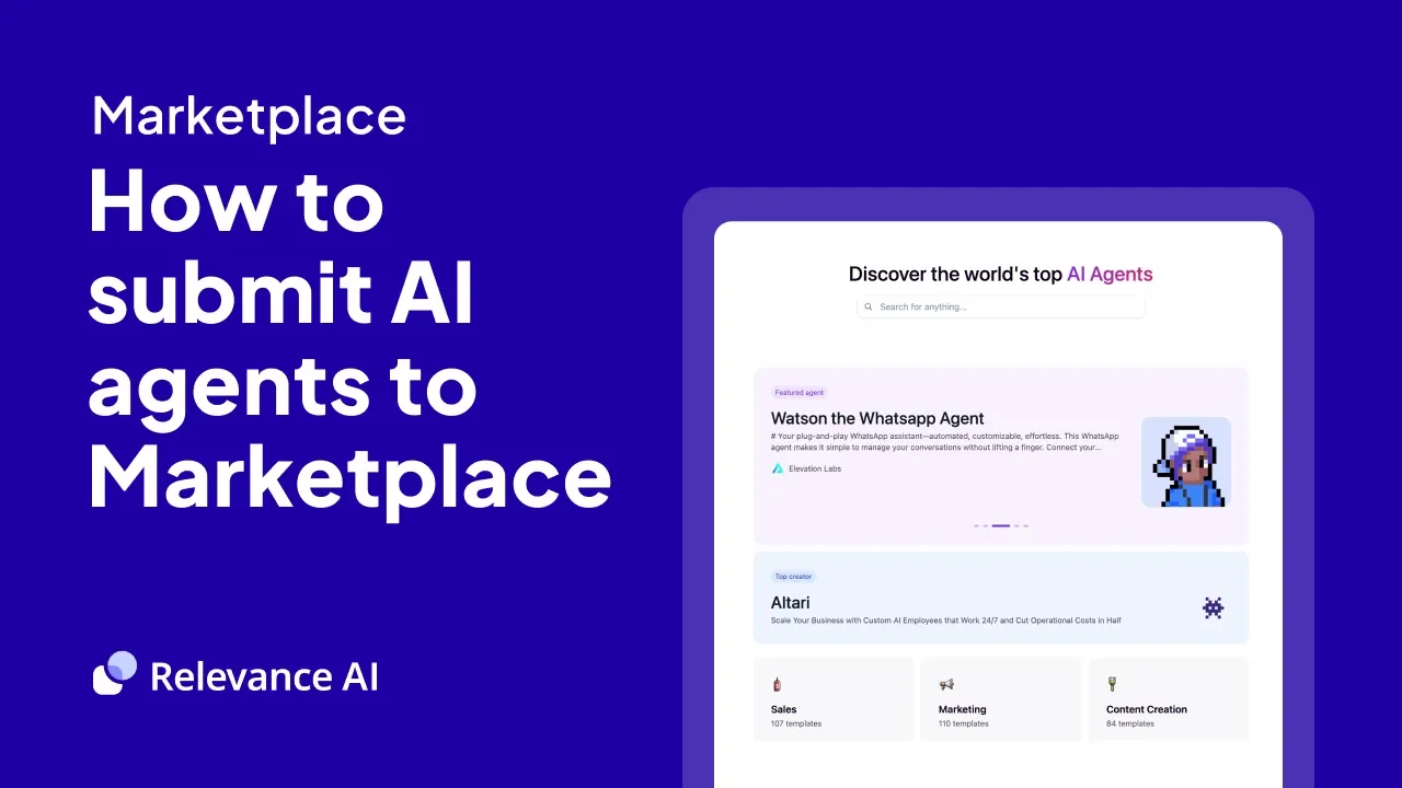 Relevance AI marketplace UI showing discovery of AI agents with featured sections and categories.