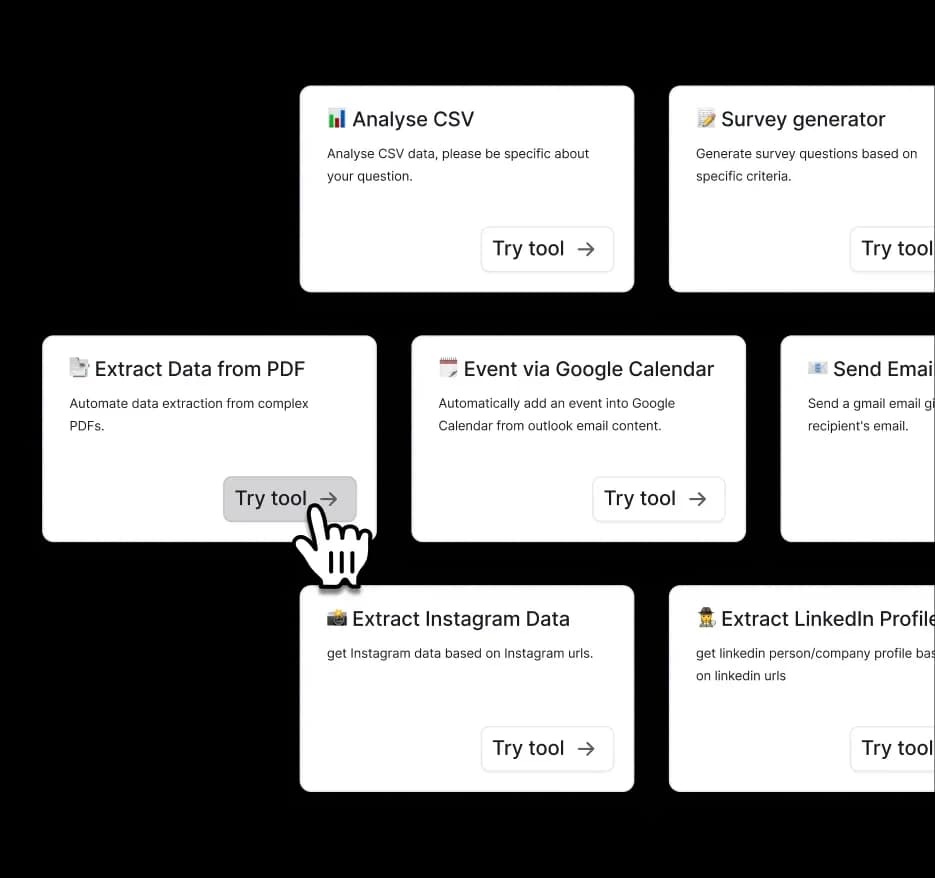 Relevance-AI workspace showing a gallery of available AI tools like 'Extract Data from PDF' and 'Analyse CSV' with a clean, card-based interface.