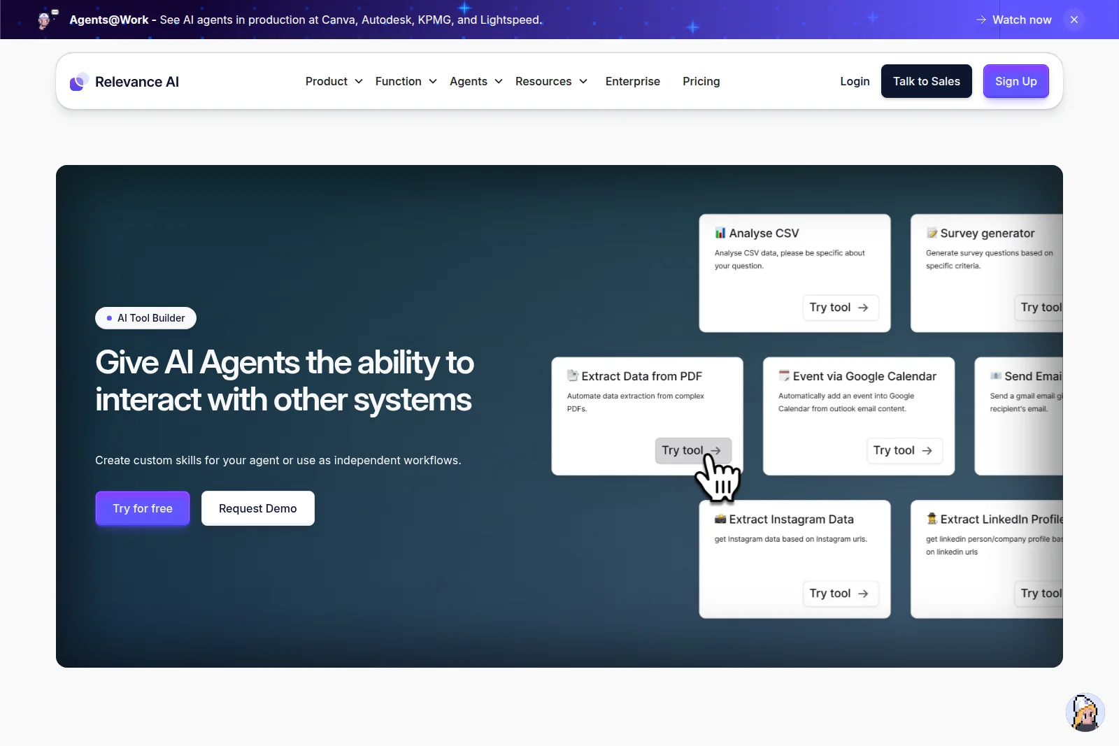 Relevance AI AI Tool Builder page showcasing agent capabilities for system interaction with tools like PDF extraction and CSV analysis in a dark-mode interface.