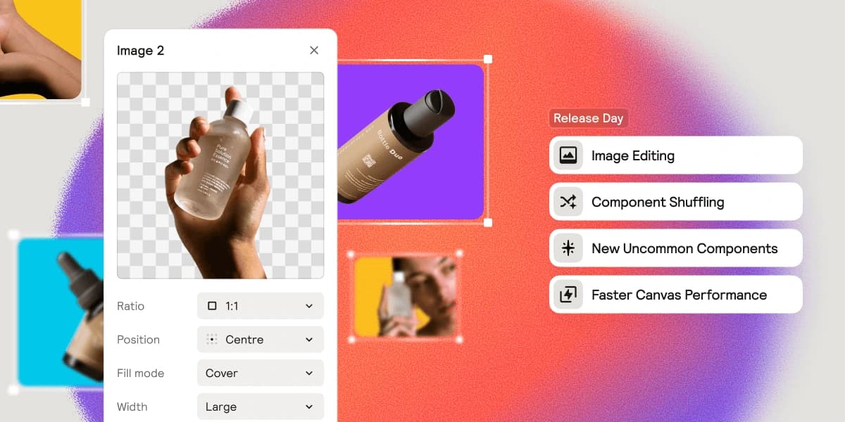 Relume image editing interface showing an image properties panel for ratio, position, and fill mode with a modern, vibrant aesthetic.