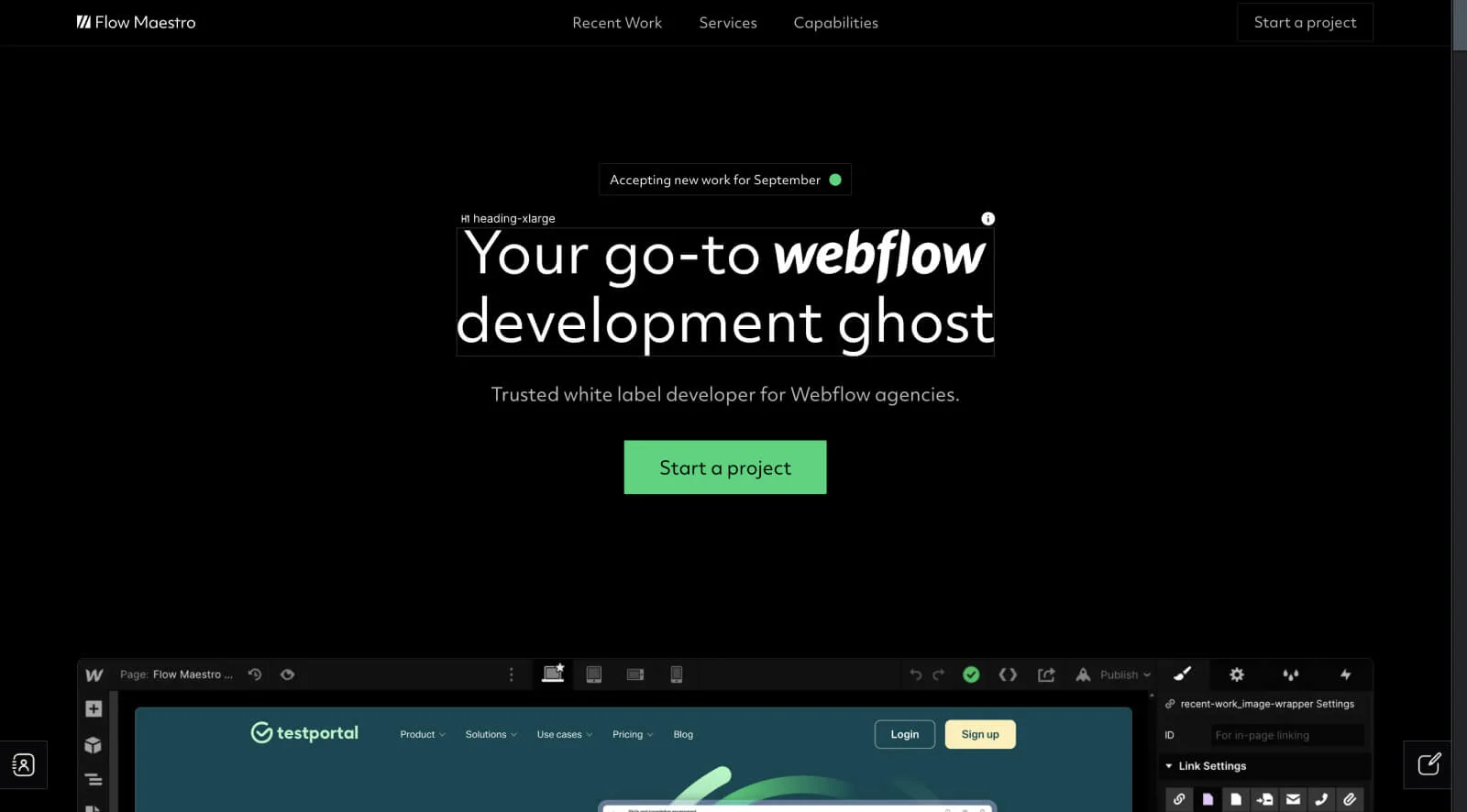 Relume context showing a Webflow editor with a dark-themed 'Flow Maestro' landing page hero section, highlighting rapid development.