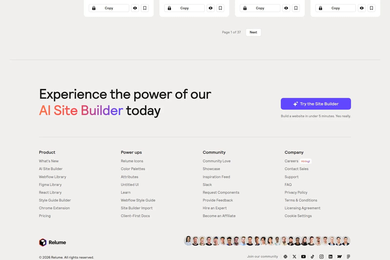 Relume landing page section promoting its AI Site Builder with a prominent call to action and a clean, minimalist interface.