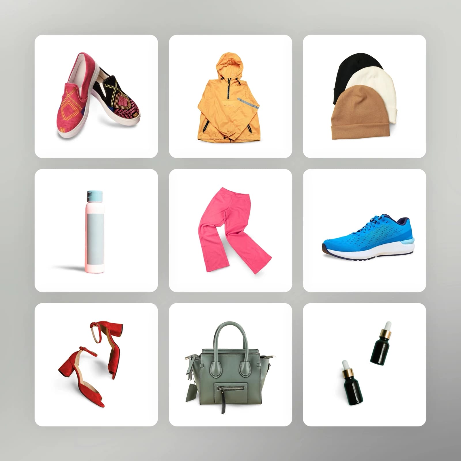 Remove-bg output samples showing various products including shoes, apparel, and bottles with clean, removed backgrounds.