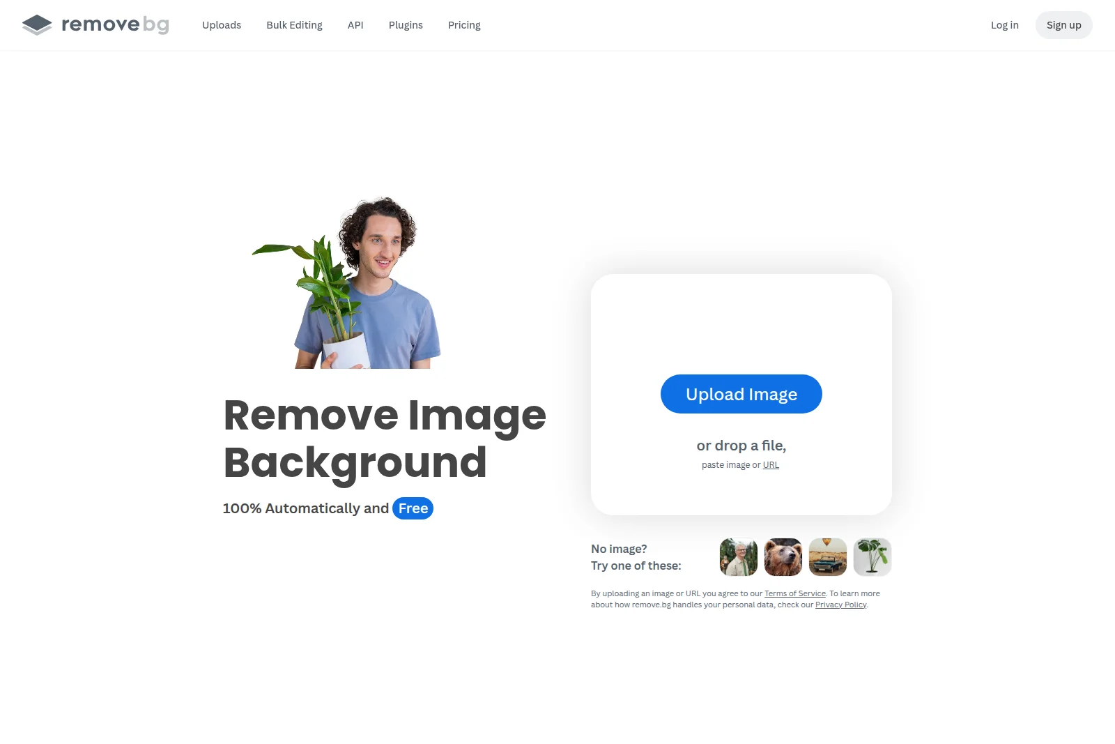 remove.bg homepage showing the image background removal upload interface with a minimalist clean design.