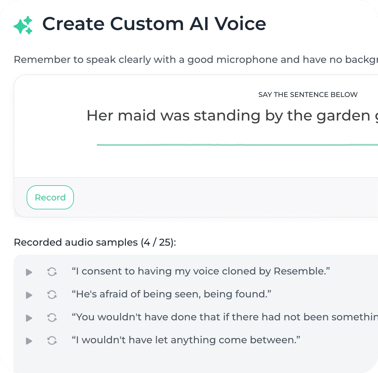 Resemble AI workspace showing voice recording for custom AI voice creation with a clean, light-themed interface.